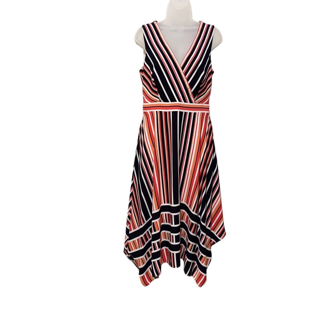 Karl Lagerfeld Size 4 Striped Asymmetrical Handkerchief Hem Dress Faux Wrap - Picture 3 of 14